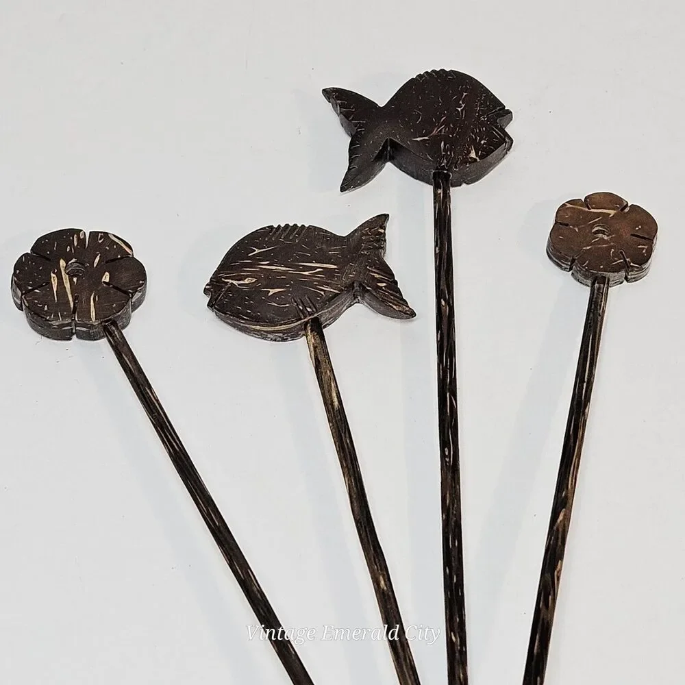 Vtg Coconut Drink Stirs Sticks Fish Flower Mini Spoons Luau Tiki Bar Beach Party